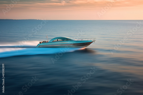 Speedboat riding on high speed in the open sea. Blurred motion. Photorealistic generative art. © Cheport