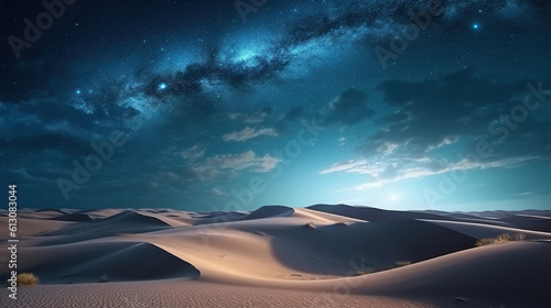 Milky way over the majestic sand dunes. Stunning photorealistic landscape illustration generated by Ai