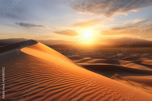 Stunning unset over the majestic sand dunes. Photorealistic landscape illustration generated by Ai