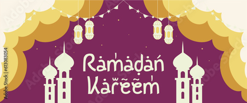 Ramadan Kareem vector background simple ramadan Kareem arabic calligraphy vector  vector design with mosque Glowing Lantern