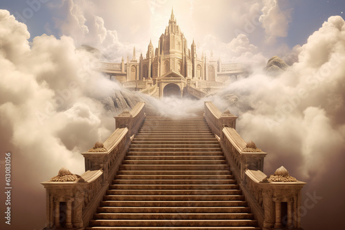 Stairs to the palace in heavens. Beautiful artwork generated by Ai