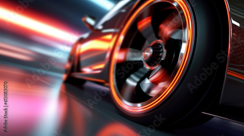 Car wheel in focus. Blurred motion and light trails. Generative art © Cheport