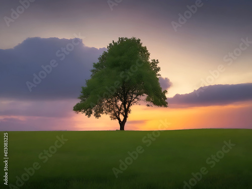 Single tree growing on a grassy landscape under a clouded sky generated by ai