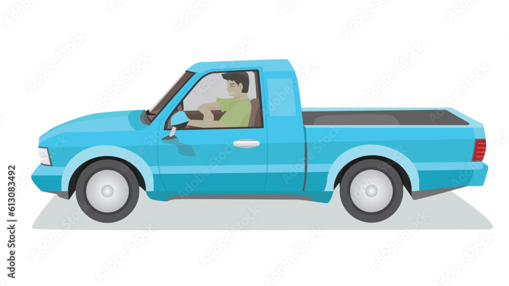 Concept vector illustration of detailed side of a flat blue pickup car. with shadow of car. Can view interior of car with driver. Isolated white background. Concept vector illustration of detailed side of a flat blue pickup car. with shadow of car. Can view interior of car with driver. Isolated white background.