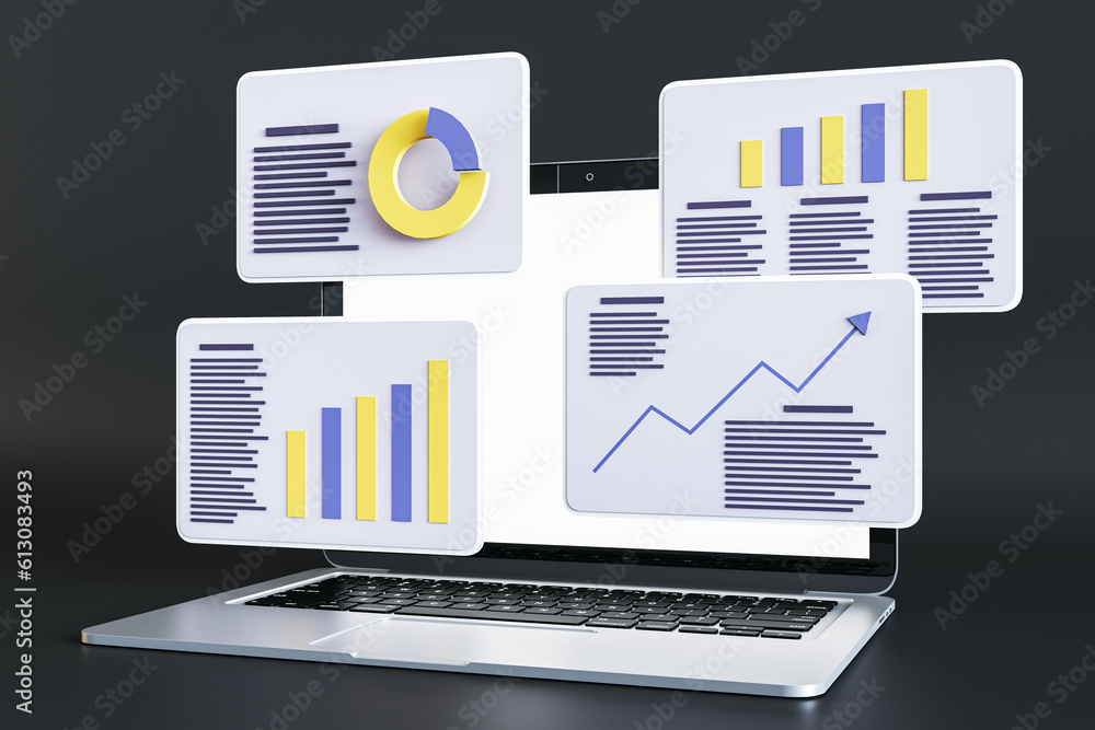 Stats data and digital marketing concept with perspective view on light cards with project statistics, sales charts and finance reports and modern light laptop on dark background. 3D rendering Stats data and digital marketing concept with perspective view on light cards with project statistics, sales charts and finance reports and modern light laptop on dark background. 3D rendering