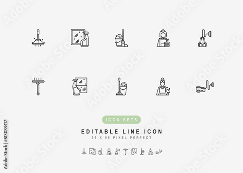 Cleaning Service Includes Squeegee, Window Spray, Mop Bucket, Maid, and Vacuum Cleaner. Line Icons Set. Editable Stroke Vector Stock. 96 x 96 Pixel Perfect.