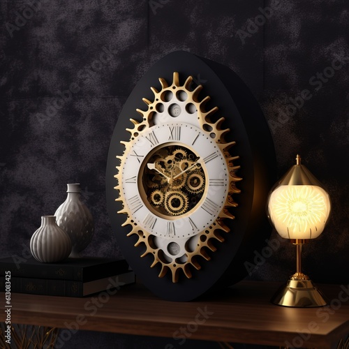 Clock white ceramic and gold gears in dark interior.