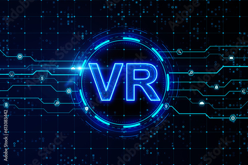 VR neon style banner on dark blue background with microcircuit. 3D Rendering