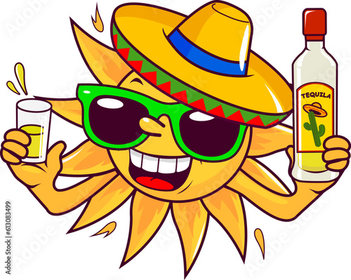 A cartoon summer sun with a sombrero and sunglasses, drinking a shot of tequila. Vector illustration