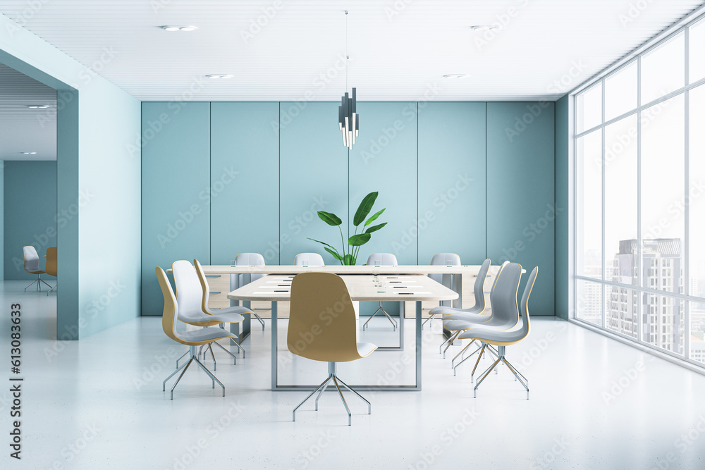 Modern blue meeting room interior with furniture and panoramic window with city view. 3D Rendering. Modern blue meeting room interior with furniture and panoramic window with city view. 3D Rendering.