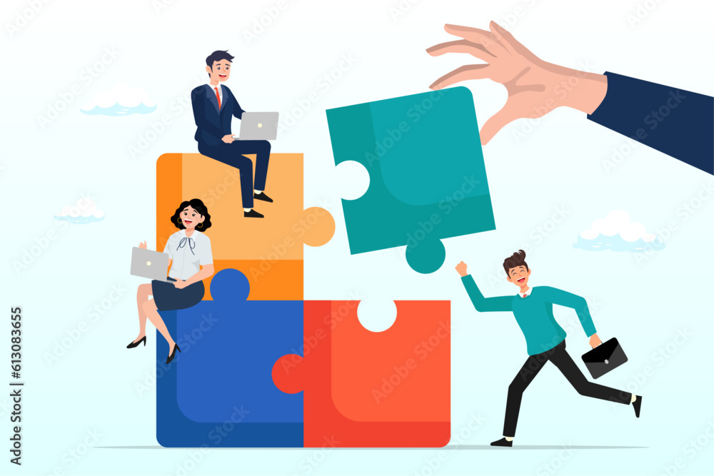 Giant businessman hand connect last jigsaw puzzle to office business team., build your team, leadership to develop teamwork or business partner, cooperate or collaborate for success (Vector)