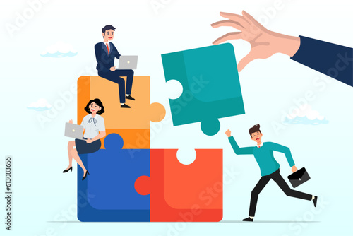 Giant businessman hand connect last jigsaw puzzle to office business team., build your team, leadership to develop teamwork or business partner, cooperate or collaborate for success (Vector)