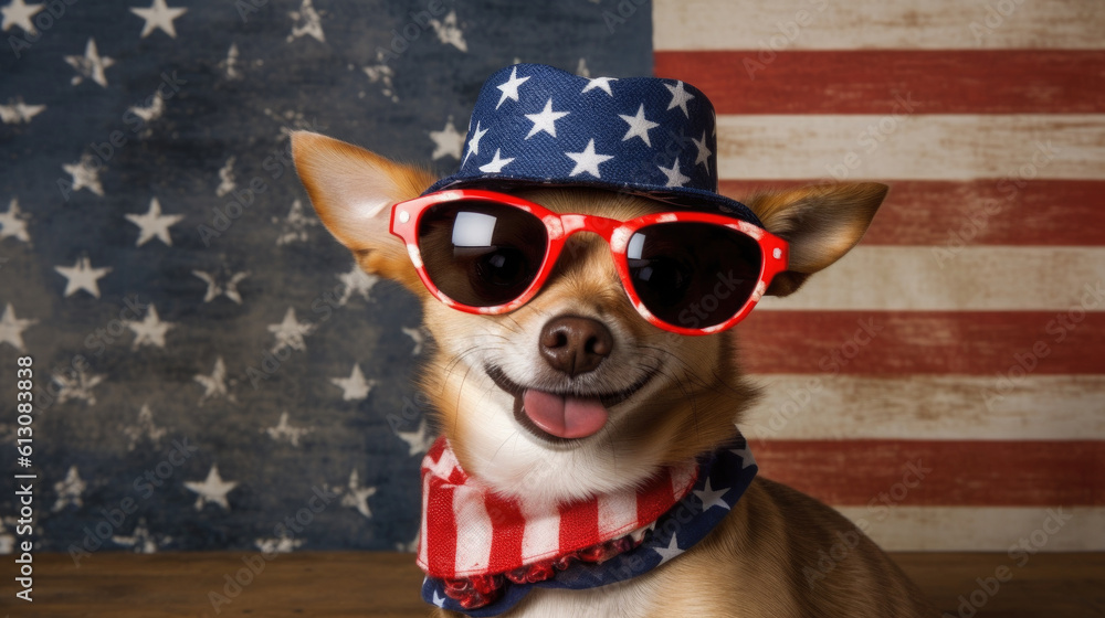 A dapper chih dog dressed in a stylish suit celebrates America's Independence Day with flair, exuding charm and patriotic elegance. generated ai.