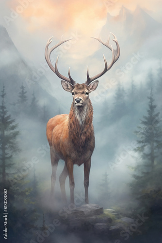 Gorgeous deer in the morning fog. Stunning photorealistic art generated by Ai. Is not based on any specific real image or character