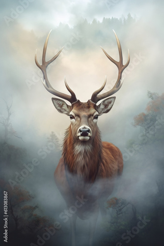 Gorgeous deer in the morning fog. Stunning photorealistic art generated by Ai. Is not based on any specific real image or character