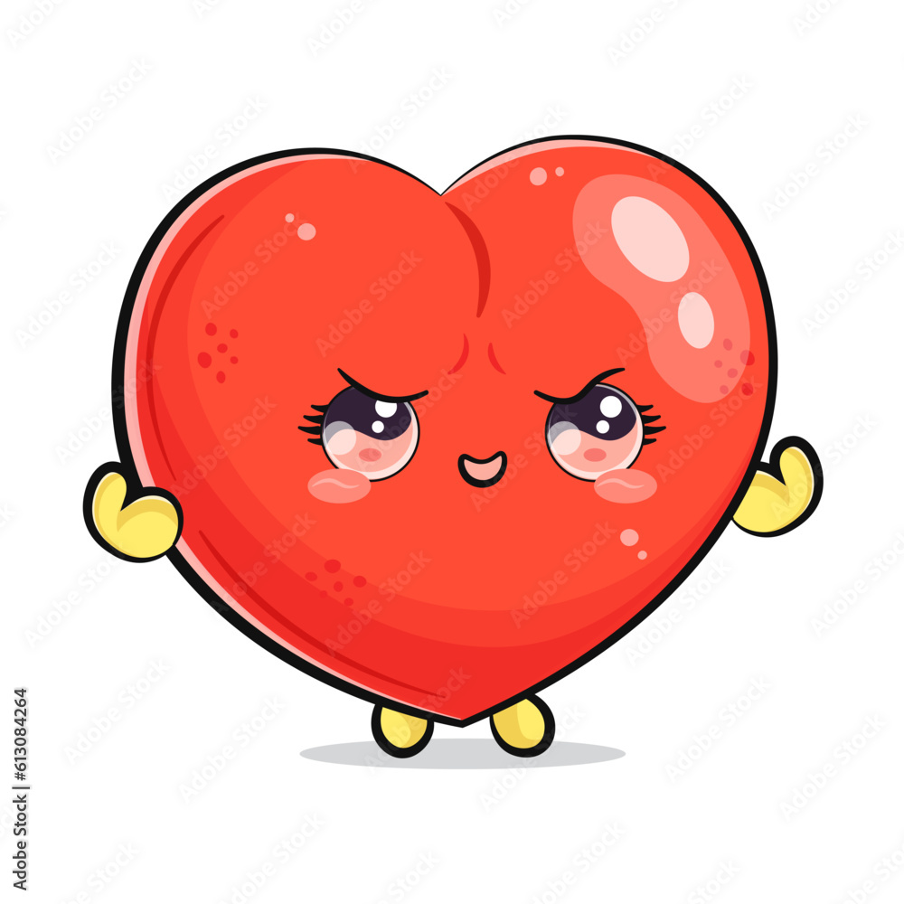 Cute funny Heart shape strong. Vector hand drawn cartoon kawaii character illustration icon. Isolated on white background. Heart shape shows muscles character concept Cute funny Heart shape strong. Vector hand drawn cartoon kawaii character illustration icon. Isolated on white background. Heart shape shows muscles character concept