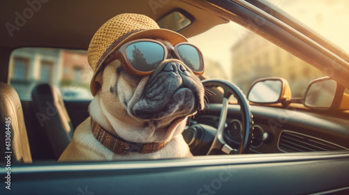 A cool French Bulldog dog wearing sunglasses enjoys a stylish ride in the car, embodying the spirit of travel and adventure with undeniable swag. generated ai.