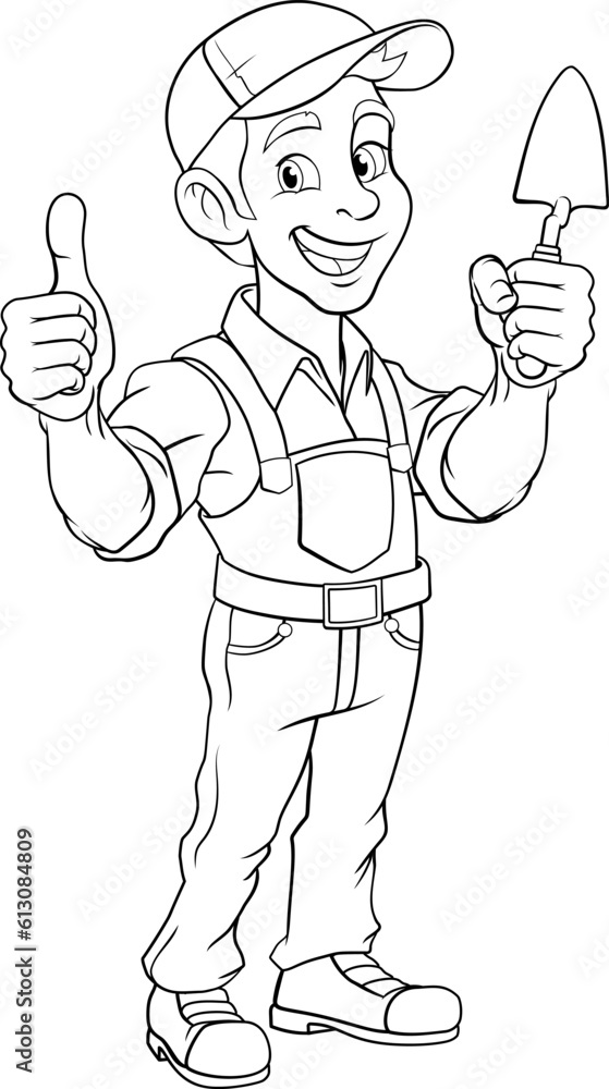 A bricklayer handyman cartoon construction mascot character man holding a trowel tool