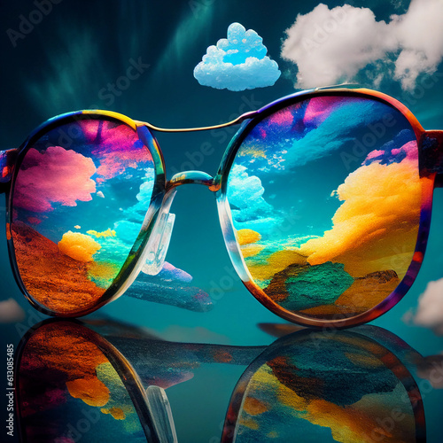 Closeup of mirror protective sunglasses on sandy beach at tropical seaside on warm sunny day. Generative AI.