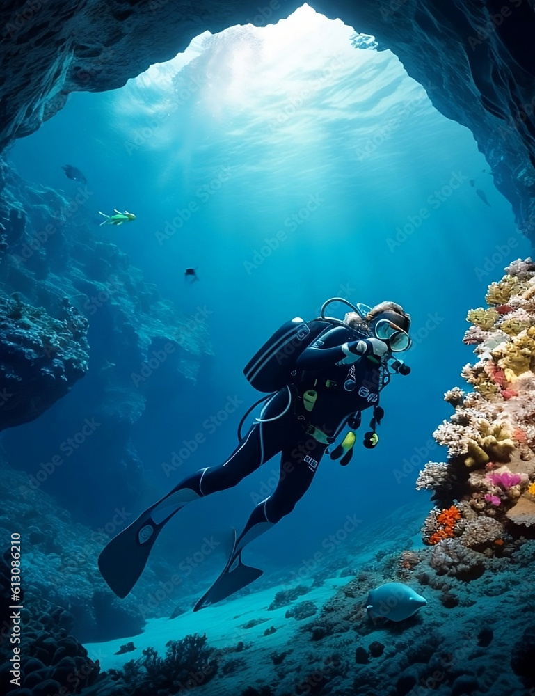 scuba diver and reef. Explore the mesmerizing beauty of deep-sea caverns and encounter unique marine life and stunning geological formations in this captivating underwater exploration image