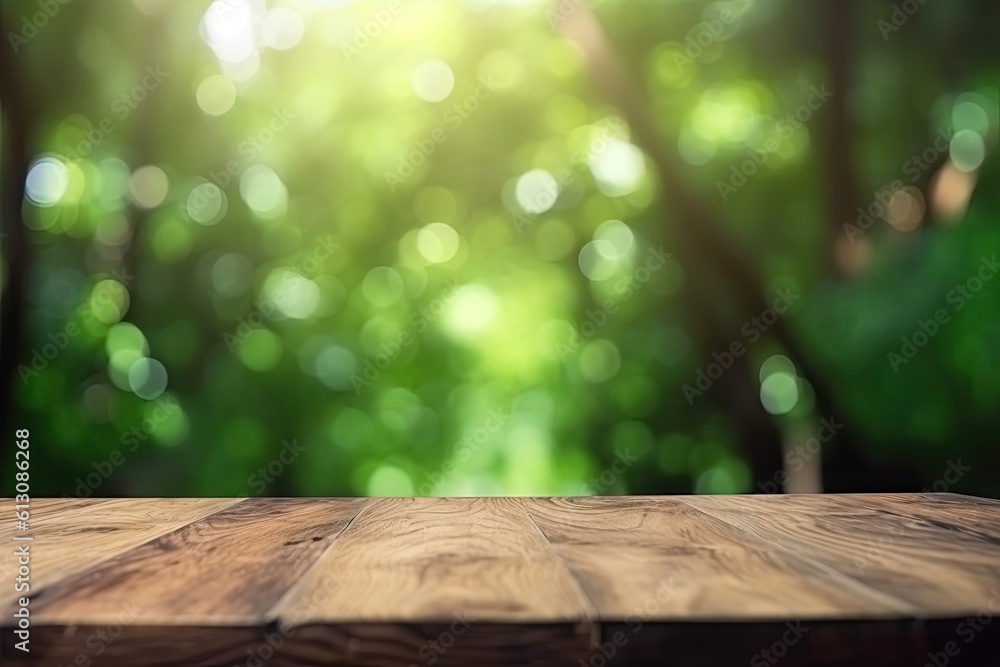 Tabletop with open space. Empty wooden table on abstract blur natural green forest background