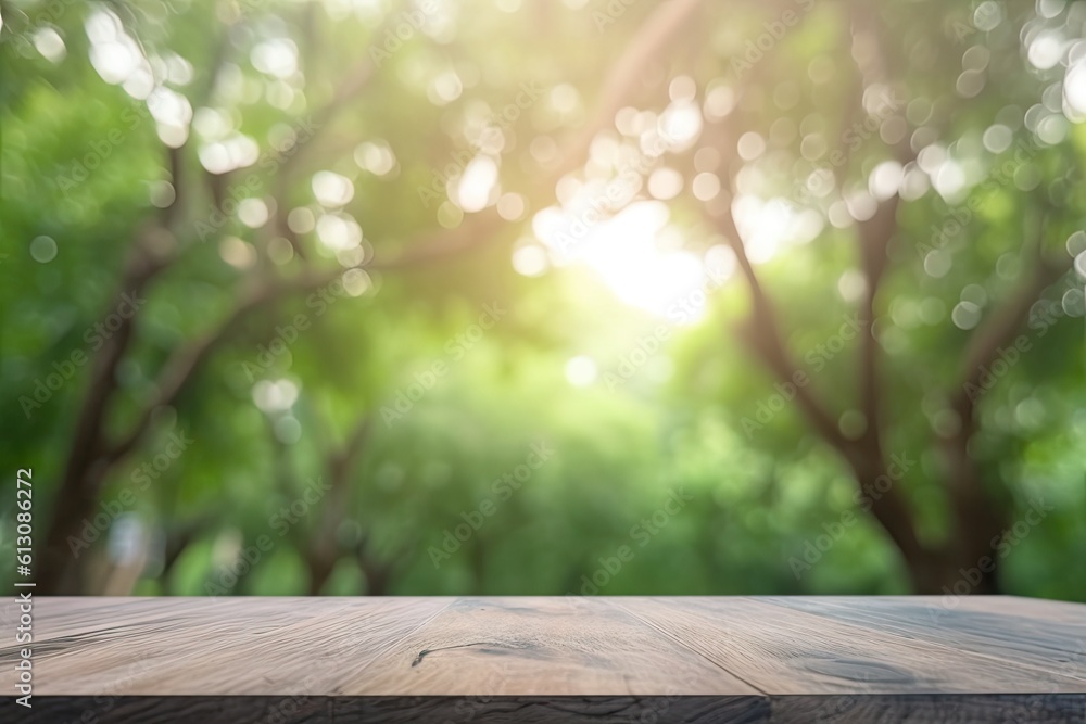 Tabletop with open space. Empty wooden table on abstract blur natural green forest background Tabletop with open space. Empty wooden table on abstract blur natural green forest background