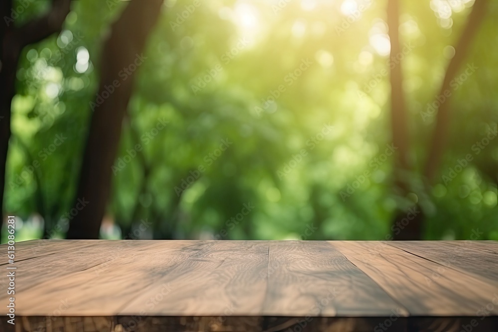 Tabletop with open space. Empty wooden table on abstract blur natural green forest background Tabletop with open space. Empty wooden table on abstract blur natural green forest background