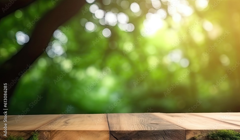 Tabletop with open space. Empty wooden table on abstract blur natural green forest background Tabletop with open space. Empty wooden table on abstract blur natural green forest background