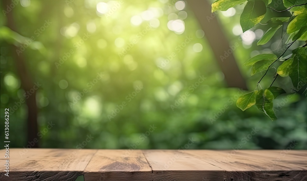 Tabletop with open space. Empty wooden table on abstract blur natural green forest background Tabletop with open space. Empty wooden table on abstract blur natural green forest background