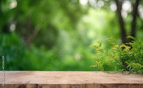 Tabletop with open space. Empty wooden table on abstract blur natural green forest background