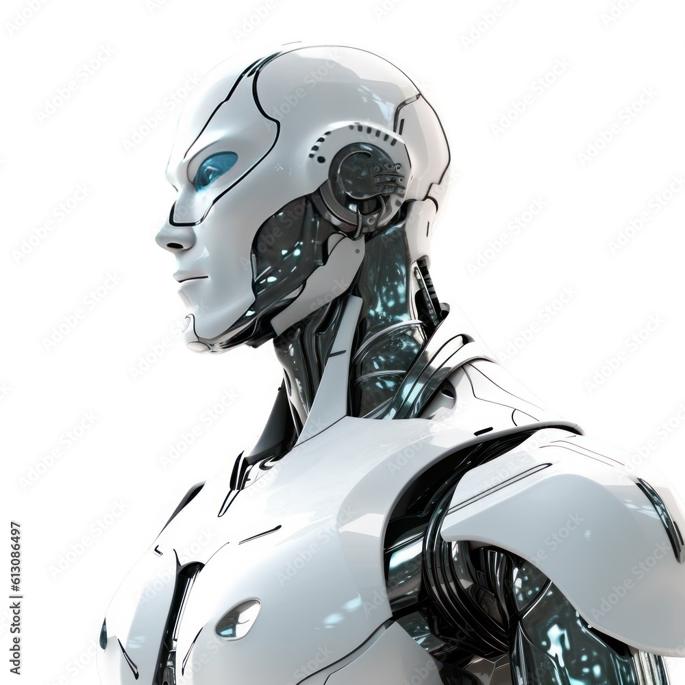 AI-generated 3D robot depicted in side view against white backdrop with dramatic lighting AI-generated 3D robot depicted in side view against white backdrop with dramatic lighting