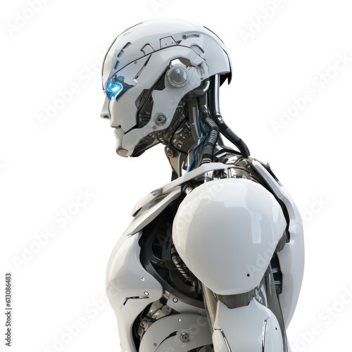 3D robotic character in profile on white background with cinematic illumination