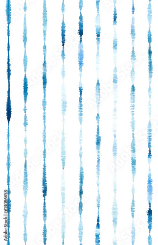 Hand painted watercolor cyanotype blue ikat stripe seamless pattern in all over repeat on an isolated white background