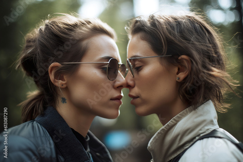 Two young women spending time together, kissing. LGBT, lesbian couple, relationship. Diversity, homosexuality. Partners with non-traditional sexual orientation. Sensual moment. Generative AI.