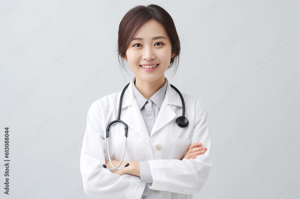 Confident Japanese young doctor woman in a medical uniform stands before a white background, illuminated by studio lights. generative AI. Confident Japanese young doctor woman in a medical uniform stands before a white background, illuminated by studio lights. generative AI.