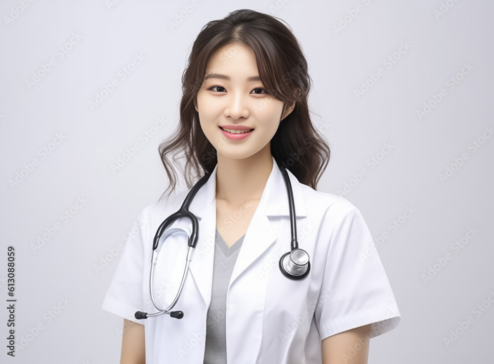 Confident Japanese young doctor woman in a medical uniform stands before a white background, illuminated by studio lights. generative AI. Confident Japanese young doctor woman in a medical uniform stands before a white background, illuminated by studio lights. generative AI.