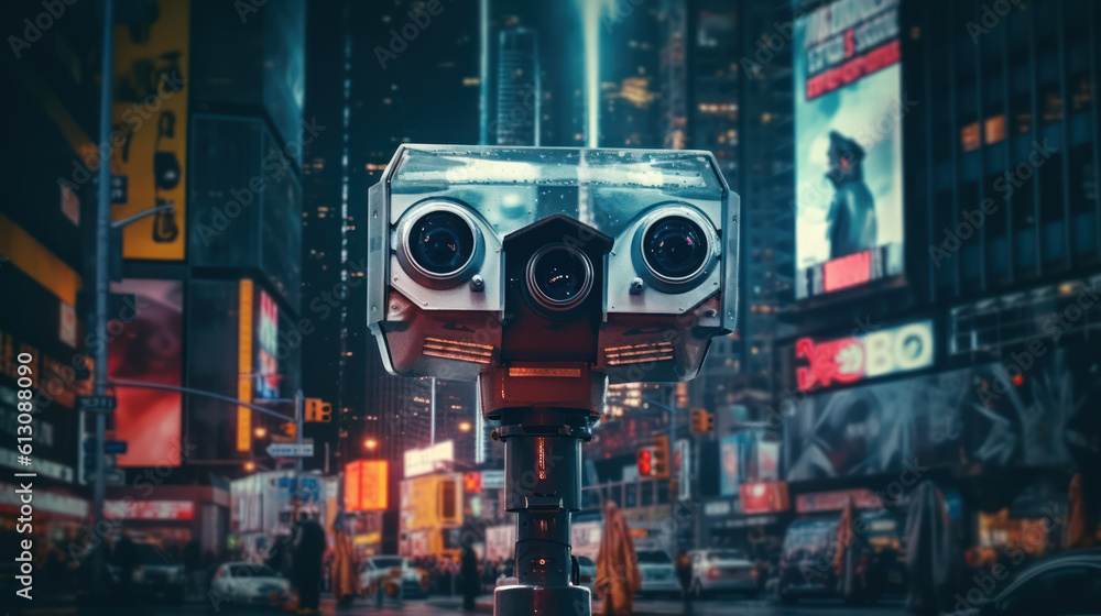 Modern AI-driven facial scanner employed by robotic unit, zooms in ...