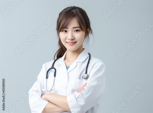 Confident Japanese young doctor woman in a medical uniform stands before a white background  illuminated by studio lights. generative AI.