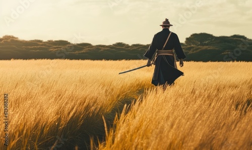 Alone in the field, samurai grasps katana tightly Creating using generative AI tools © uhdenis