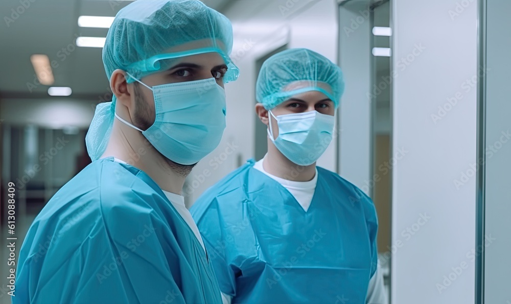 Portrait of male doctors standing together inside the hospital. Creating using generative AI tools Portrait of male doctors standing together inside the hospital. Creating using generative AI tools
