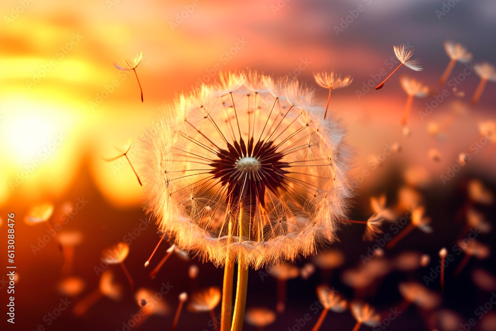 A dandelion dispersing its seeds at sunset