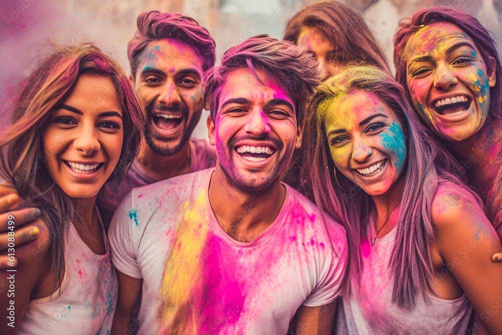 Group of friends celebrating a Holi party
