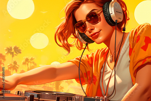 Attractive dj playing music in a beach bar in summer photo