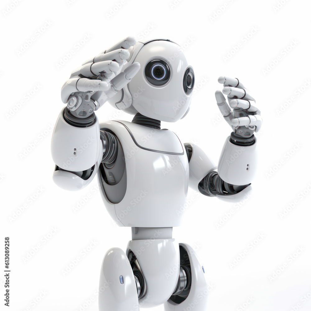 AI-generated 3D robot with an uplifted hand, set against a stark white background AI-generated 3D robot with an uplifted hand, set against a stark white background