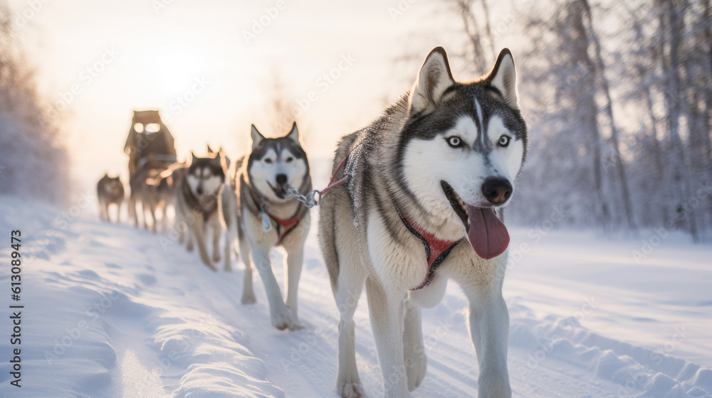A pack of powerful huskies gracefully pulls a sled through the breathtaking snowy landscapes of Alaska generated ai. A pack of powerful huskies gracefully pulls a sled through the breathtaking snowy landscapes of Alaska generated ai.