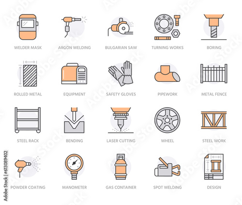 Welding services flat line icons. Rolled metal products, steelwork, stainless steel laser cutting, turning works, safety equipment. Industry thin signs for ironworks. Orange color. Editable stroke