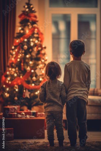 Children looking at Christmas tree. Generative AI