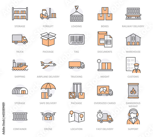 Cargo transportation flat line icons. Trucking, express delivery, logistics, shipping, customs clearance, tracking, labeling. Transport thin signs for freight services. Orange color. Editable stroke photo