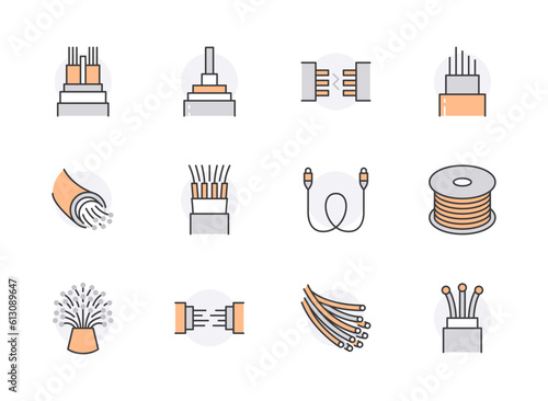 Optical fiber flat line icons. Network connection, computer wire, cable bobbin, data transfer. Thin signs for electronics store, internet services. Orange Color. Editable Strokes