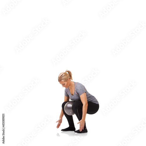 Fototapeta Naklejka Na Ścianę i Meble -  Medicine ball, exercise and woman squat with legs in gym, training or workout on transparent, isolated or png background. Athlete, cardio and exercising for fitness, wellness and strong body